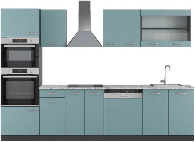 Vicco R-Line Küchenzeile Blau-Grau/Anthrazit mit Hochschrank und Marmor-Arbeitsplatte, Breite: 300 cm - Bild 1