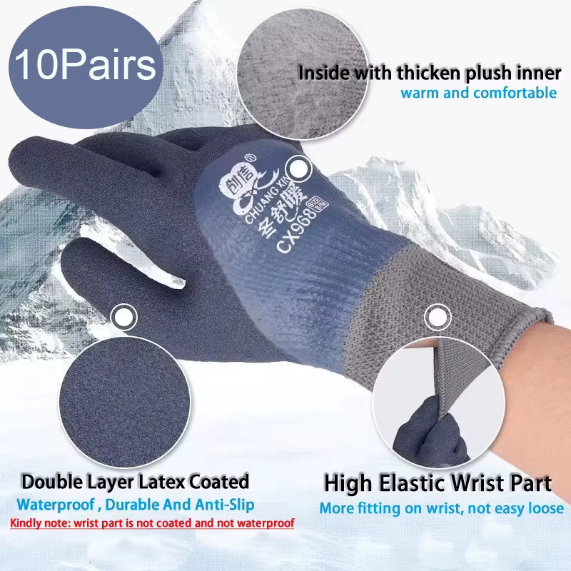 10 Paar ELESESAFE Winter-Arbeitshandschuhe in Grau, thermisch und wasserdicht mit Latexbeschichtung für Gartenarbeit und Reparaturen - Bild 2