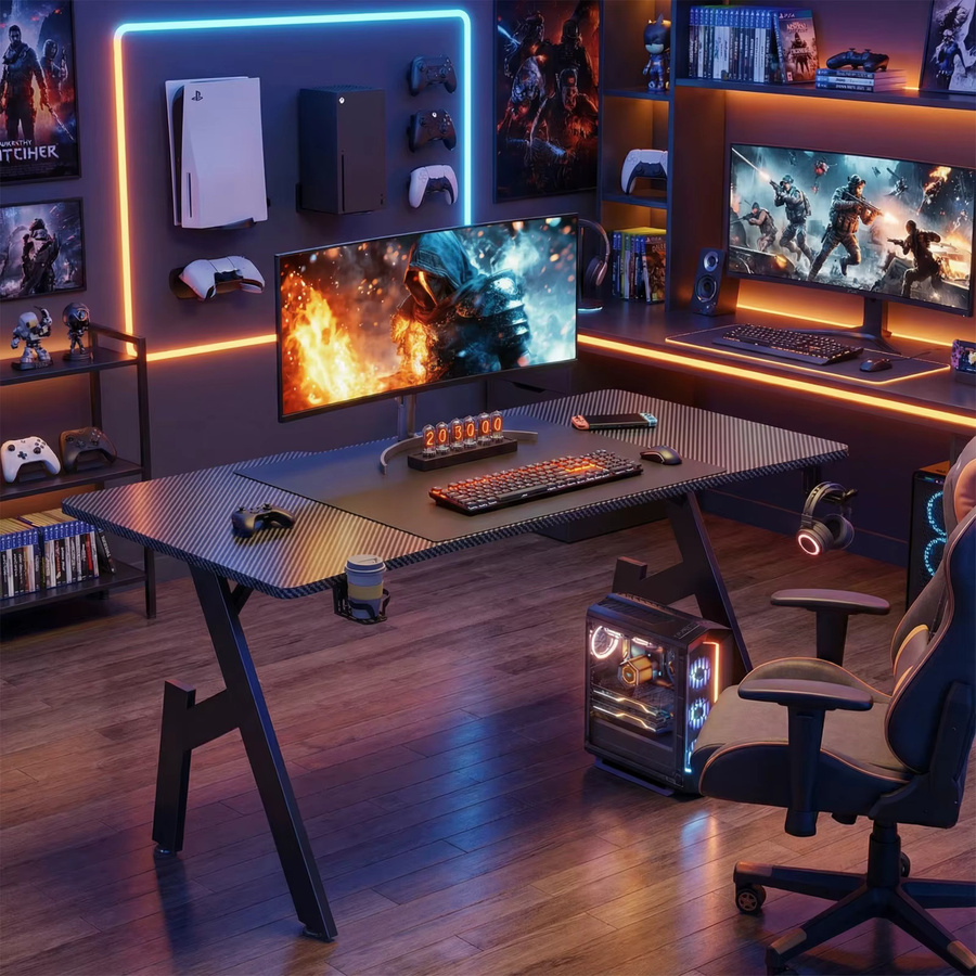 FRODROVIA Gaming-Schreibtisch in Schwarz mit Carbon-Faser-Optik, moderner A-förmiger Bürotisch mit Getränkehalter und Kopfhörerablage - Bild 4