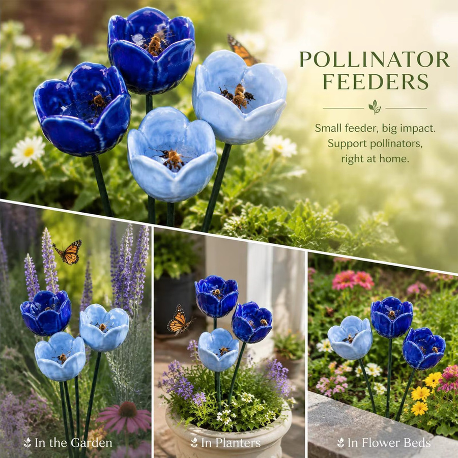 4-teilige Bienen-Wasserstation aus Keramik in Blau mit floralem Design als Gartendekoration für Schmetterlinge und Kolibris - Bild 4