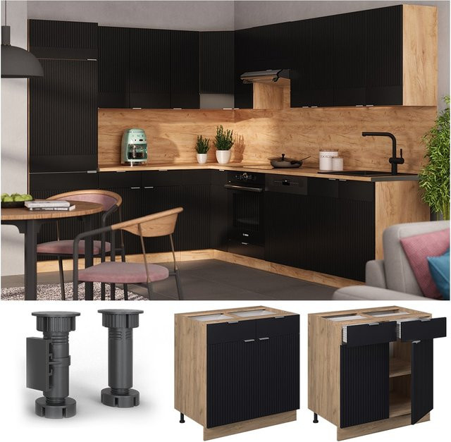 Vicco Küchenunterschrank Fame-Line Eiche Schwarz Gestreift mit Arbeitsplatte Anthrazit Breite: 80 cm - Bild 3