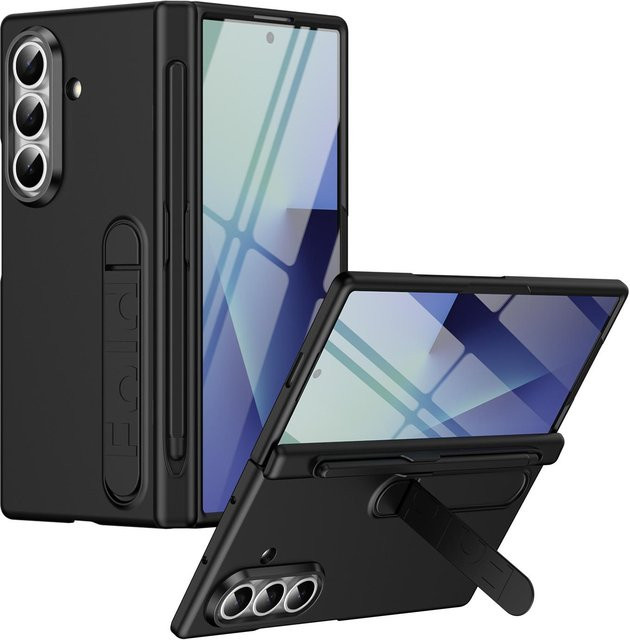 Samsung Galaxy Z Fold 7 6 5 4 Schutzhülle mit Scharnierhalter, Stifthalter für S Pen und Display-Glasfolie, Farbe: Schwarz - Bild 1