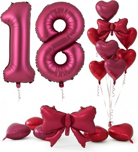 EsenTroye Mylar Zahlenballons in Weinrot und Burgunderrot mit Herz und Schleife für Geburtstagsfeier oder Valentinstag, 101,6 cm - Bild 1