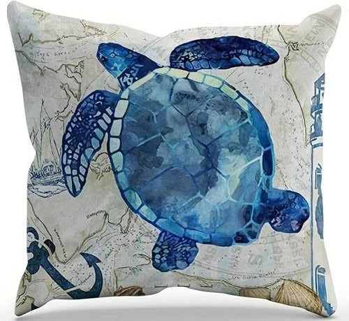 Dekorativer Kissenbezug von ZX Blanket mit Ozean-Motiv Schildkröte Seepferdchen und Seestern in Blau, ultraweiches Polyester, B/H: 50 x 50 cm - Bild 1