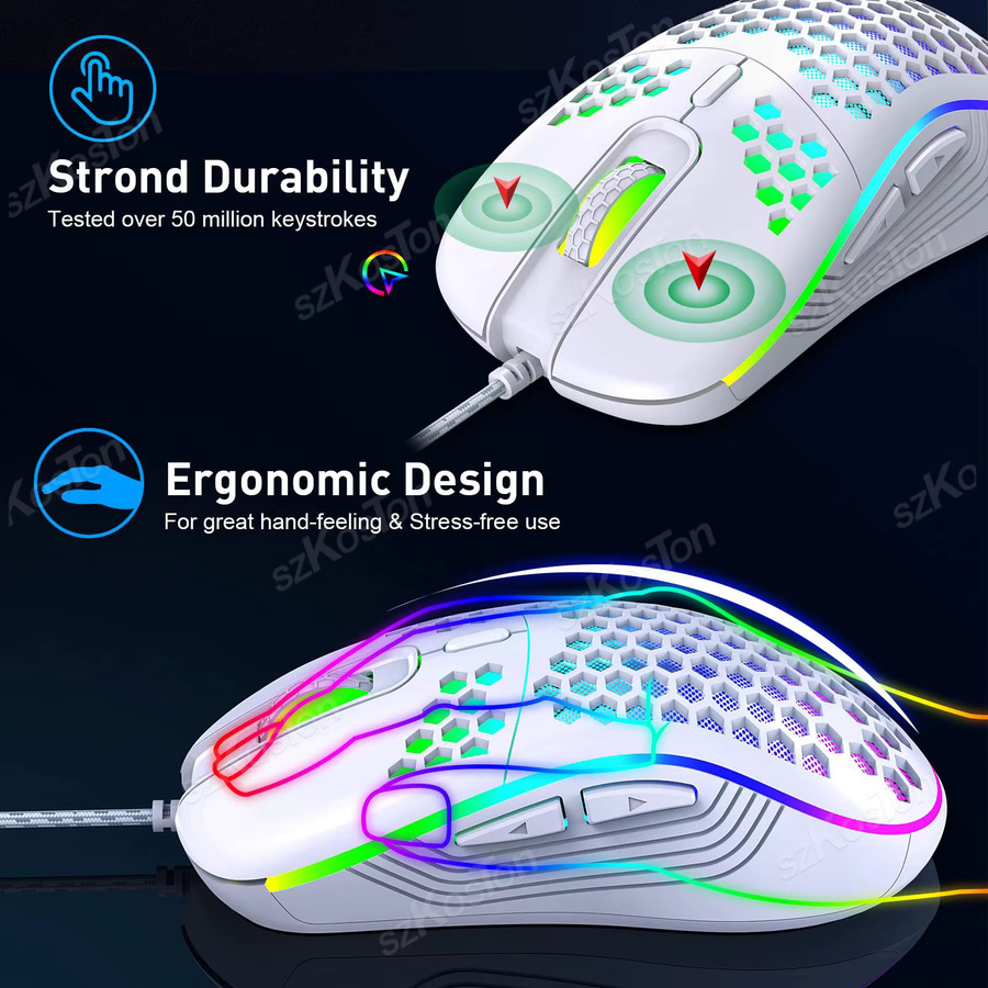 SZKOSTON Ergonomische Gaming-Maus mit Waben-Design, RGB-Hintergrundbeleuchtung, 7200 DPI, USB-Anschluss für PC und Laptop, Schwarz oder Weiß - Bild 4