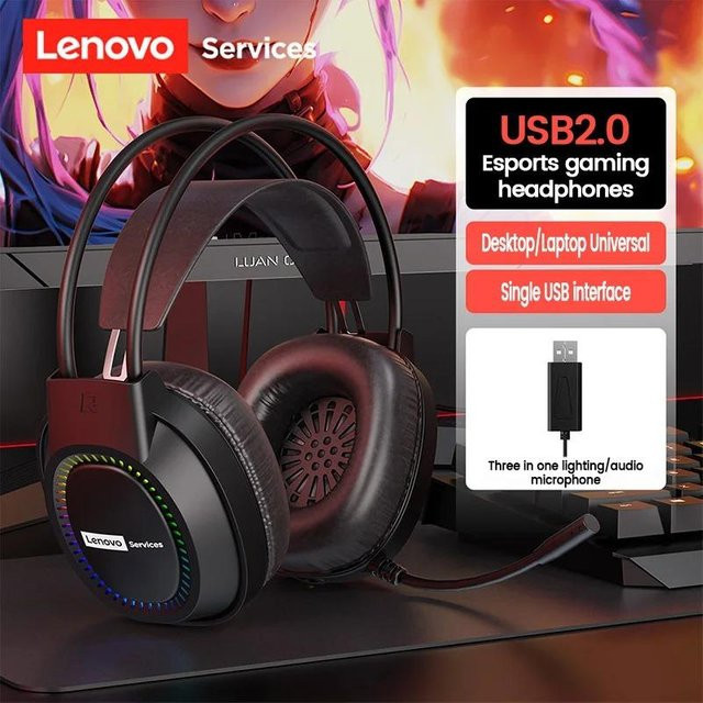 Lenovo E03 Over-Ear Gaming Kopfhörer mit RGB-Beleuchtung, USB-Anschluss, 50mm Treibern und Rauschunterdrückung für das Mikrofon in Schwarz - Bild 1