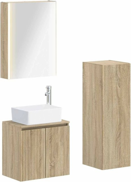 vidaXL Badezimmermöbel-Set 4-teilig in Sonoma-Eiche mit Waschtischunterschrank, Spiegelschrank und Wandschrank aus Holz und Glas, Braun - Bild 1