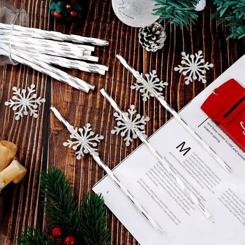 Glitzer-Schneeflocken Papierstrohhalme in Silber für Weihnachtsdekoration und Partyzubehör, 20 Stück - Bild 1