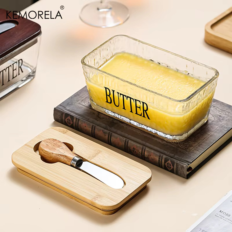 KEMORELA Butterschale aus Glas mit Bambusdeckel und Messer, luftdichter Butter-Aufbewahrungsbehälter, transparent - Bild 2