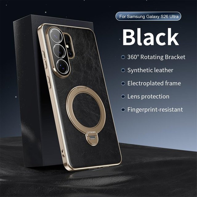 Leder-Magnet-Halterung Handyhülle für Samsung Galaxy S26 Ultra, S25 Ultra und S24 Ultra in Schwarz mit Anti-Drop-Schutz - Bild 1