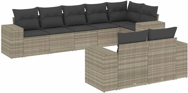 vidaXL 8-tlg Garten-Sofagarnitur in L-Form aus Poly-Rattan mit Kissen, Hellgrau - Bild 1