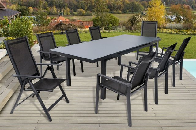 OUTFLEXX Premium Garten-Essgruppe für 8 Personen aus Aluminium und Textilene mit ausziehbarem Tisch und 8 Stühlen in Anthrazit, Grau und Schwarz - Bild 1