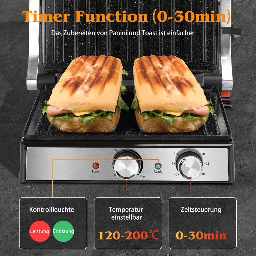 Aigostar Kontaktgrill in Silber mit Keramikbeschichtung, 2000 Watt, Panini Grill und Sandwichmaker mit 30 Minuten Timer, einstellbarem Thermostat und 180 Grad Öffnung - Bild 4