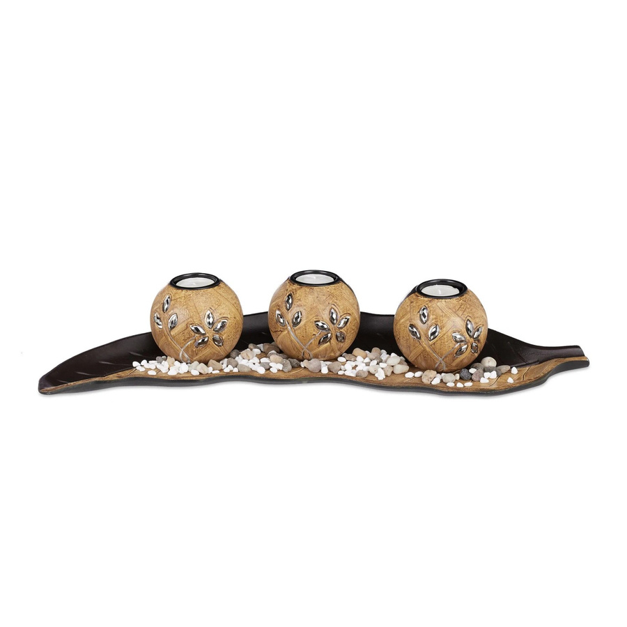 Relaxdays Teelichthalter Set Blatt aus MDF in Hellbraun und Dunkelbraun inklusive Teelichter B/T/H: 50,5 x 16,5 x 8,5 cm - Bild 2