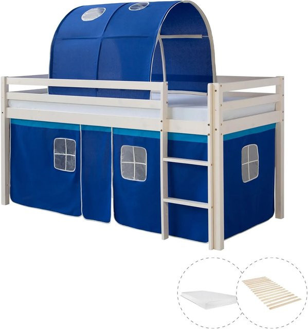 Homestyle4u Hochbett aus Kiefernholz mit Vorhang und Lattenrost in Weiß - Bild 1