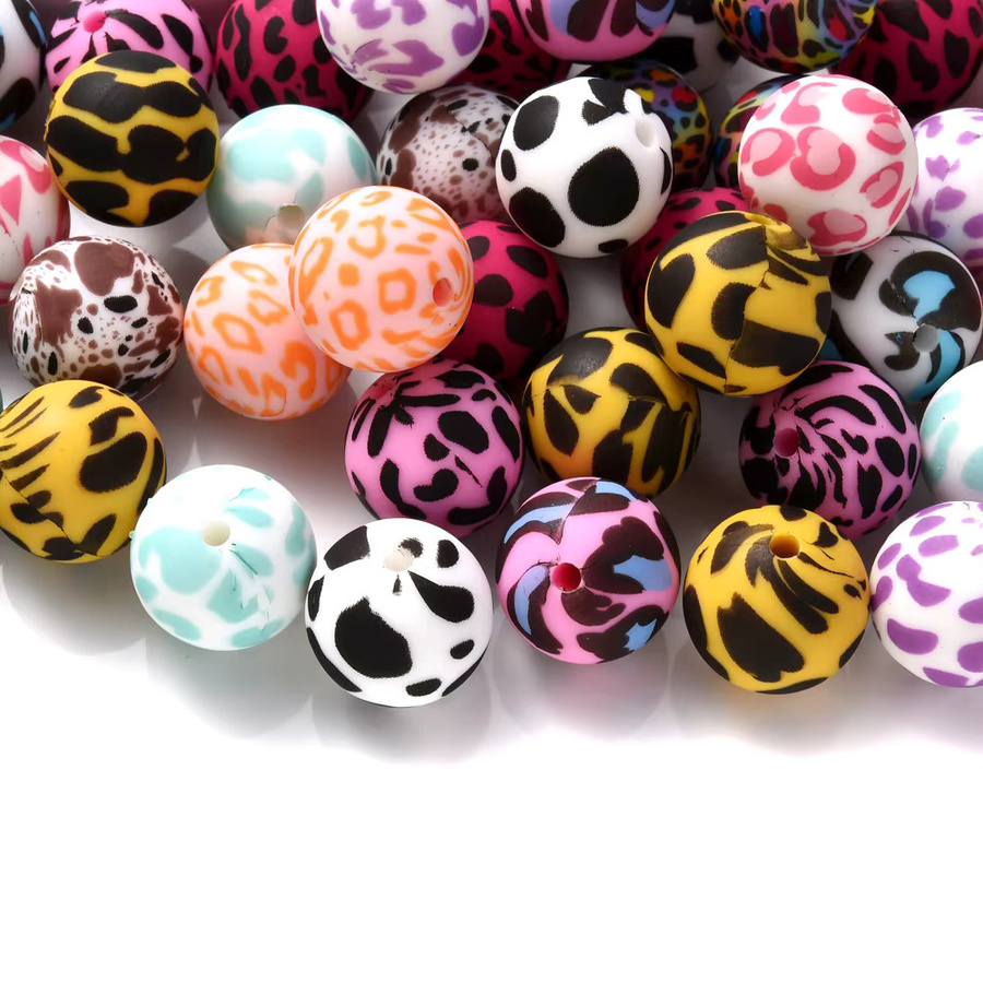 10 Stück Gedruckte Silikon Perlen für DIY Schnullerketten und Zahnspielzeug, Durchmesser: 15 mm, Farben: Gelb und Mehrfarbig - Bild 3