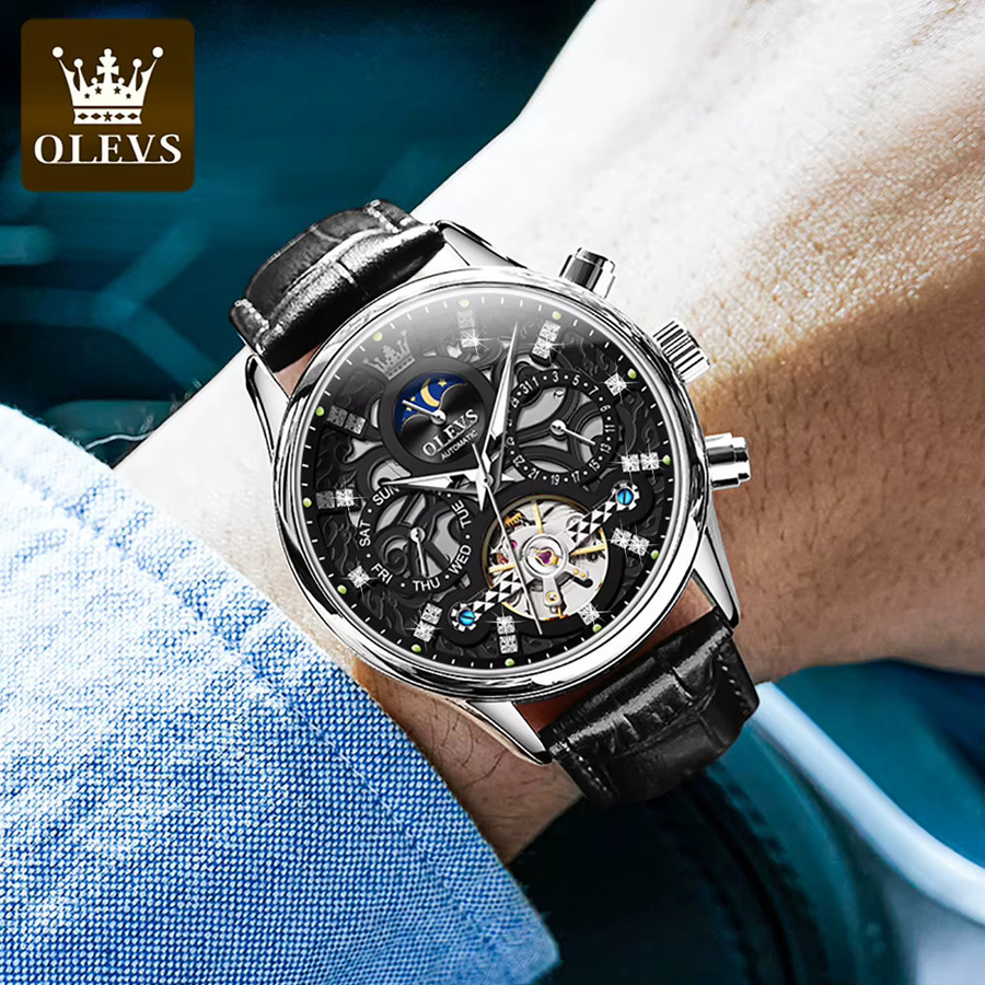 OLEVS Armbanduhr Automatik, Leder, Mondphase, Blau, Herren - Bild 2