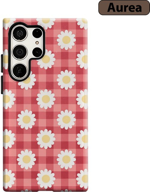 Stoßfeste Handyhülle mit Gänseblümchen und rotem Gingham Muster für Samsung Galaxy S25 Ultra, S24 und S23 Ultra Plus, robuste Doppelschicht Rückabdeckung in Rot - Bild 1