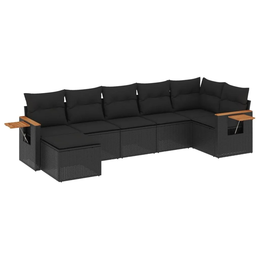 vidaXL 7-teilige Garten-Sofagarnitur in L-Form aus schwarzem Poly-Rattan mit Kissen und Akazienholz - Bild 2