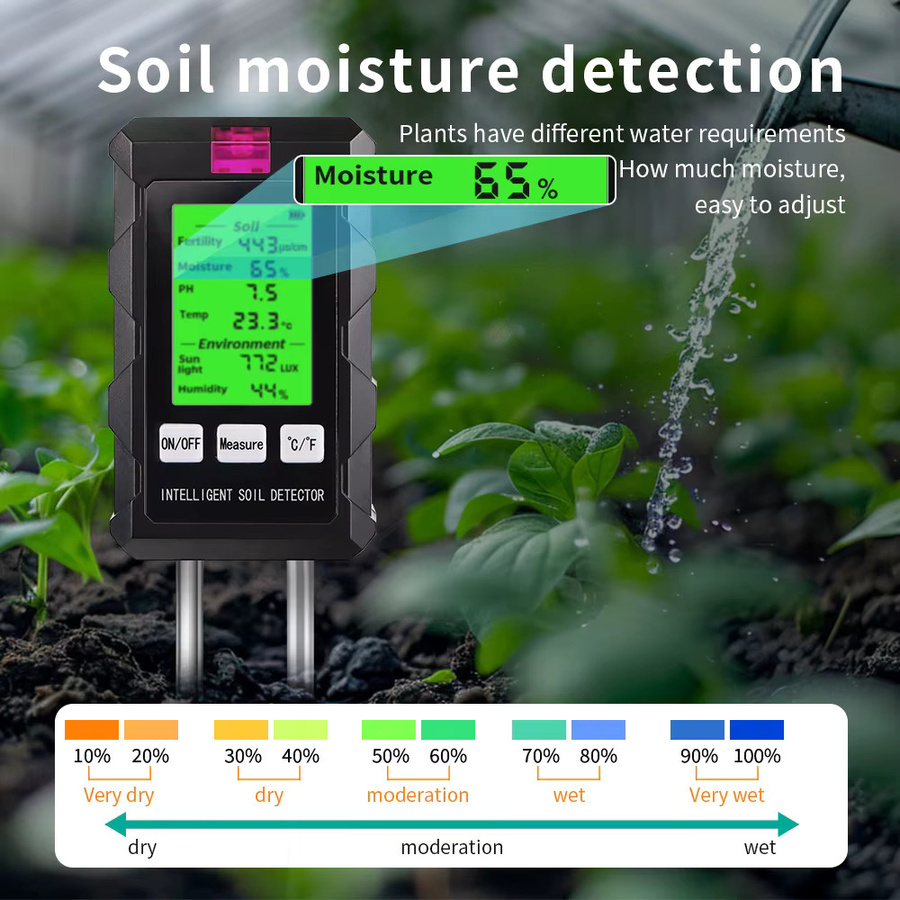 JUANJUAN Digitaler 6-in-1 Bodenfeuchtigkeitstester in Schwarz zur Pflanzenanalyse mit PH-Meter, Temperatur- und Sonnenlicht-Monitor - Bild 5