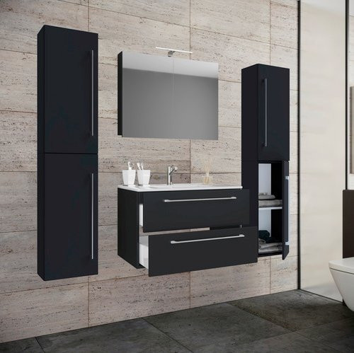 VCM Badmöbel-Set Badinos 5-tlg. in Schwarz mit Waschtisch, Spiegelschrank und Hochschränken, B/T/H: 60 x 46 x 150 cm - Bild 2