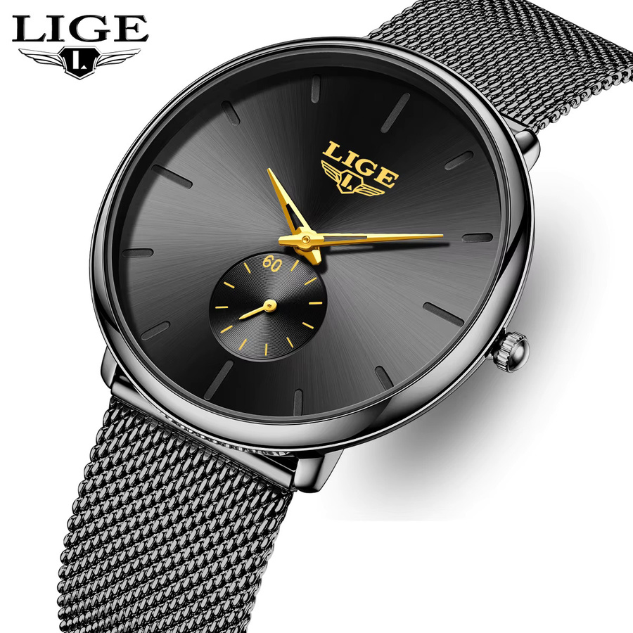 LIGE Armbanduhr, Quarz, Edelstahl, Milanaise, Schwarz, Herren - Bild 6