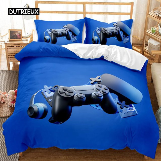 Gaming-Bettwäsche-Set mit Gamepad- und Headset-Design für Jungen und Teenager, Blau, 3-teilig aus Polyester, Breite: 155 cm, Länge: 215 cm - Bild 1