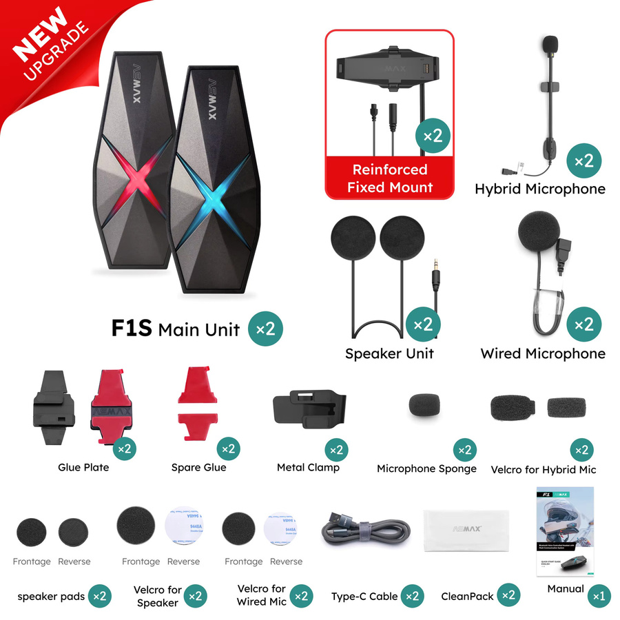 ASMAX F1S Motorrad-Bluetooth-Intercom für 10 Fahrer mit Sprachsteuerung, BT 5.3 Helm-Kommunikation und Hi-Fi-Sound in Schwarz - Bild 5