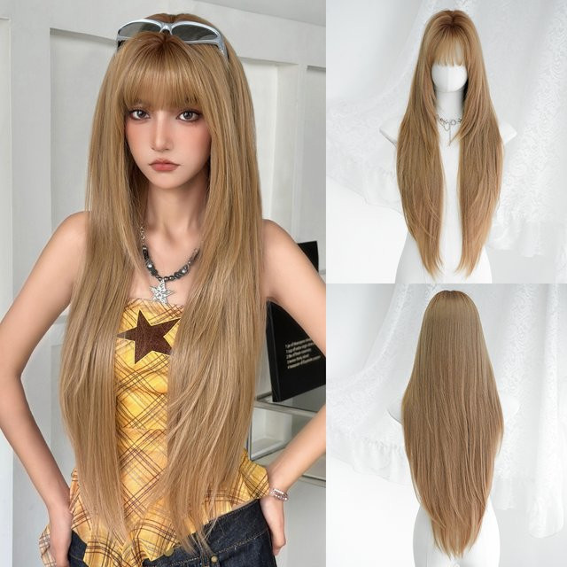 7JHH WIGS Perücke für Damen, lang, gerade, geschichtet, goldbraun, mit Pony - Bild 1
