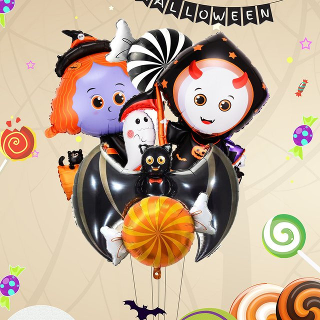 5er Set Halloween Folienballons in Hexe und Fledermaus Form, bunte Partydekoration für Kinder - Bild 1