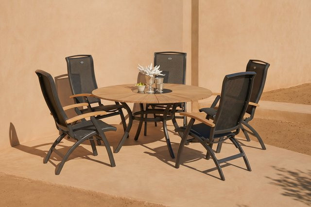 Hartman Provence Da Vinci Garten-Essgruppe aus Alu und Teakholz in Anthrazit mit 5 Klappstühlen und Eiskühler, Tisch Durchmesser: 150 cm - Bild 1