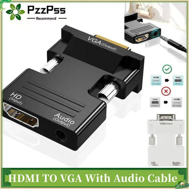 PzzPss HDMI auf VGA Konverter mit 3,5mm Audio-Anschluss in Schwarz für Full HD 1080P an Monitor, Projektor oder Laptop - Bild 1