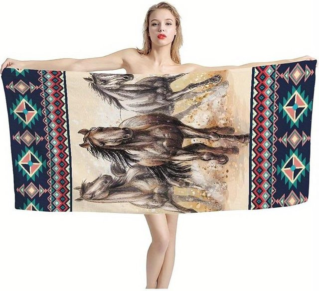 Strandtuch mit Pferdemuster von JMG Household Supplies, winddicht und schnelltrocknend, B/B: 80 x 160 cm, Mehrfarbig - Bild 1
