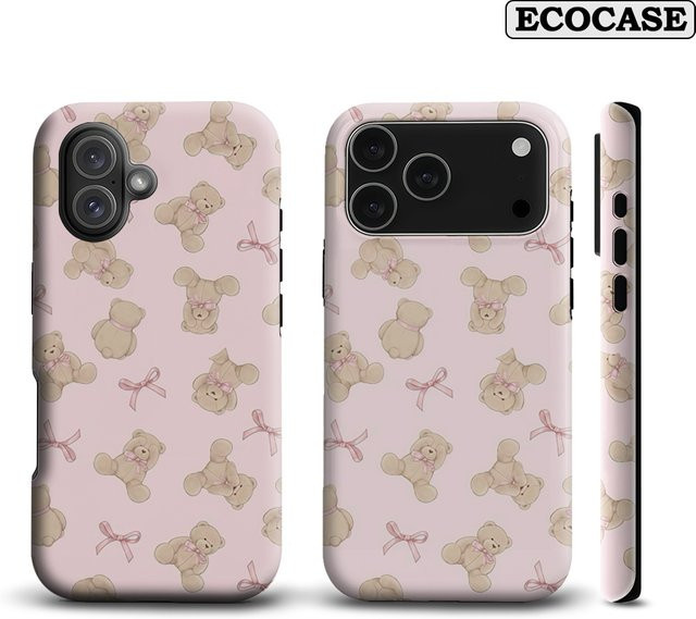 Teddybär & Bow Delight Handyhülle für iPhone 17 16 15 14 13 12 11 Pro Max Plus mit doppelschichtiger Rückseite in Pink - Bild 1