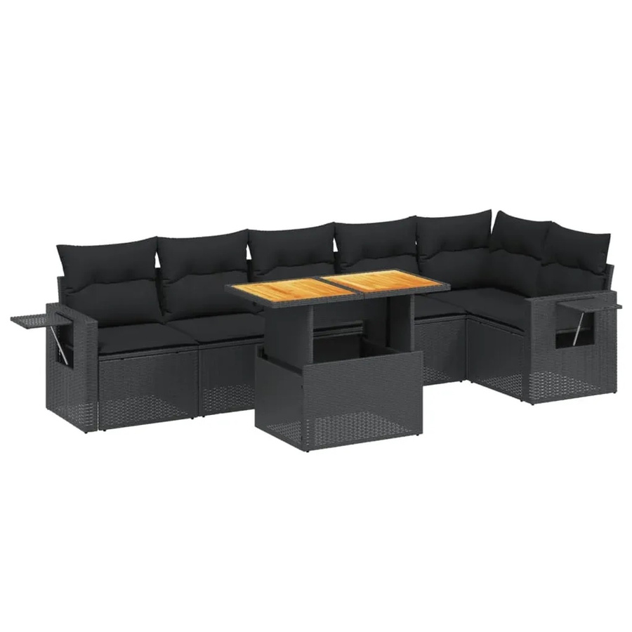 vidaXL 7-teilige Garten-Sofagarnitur in L-Form aus Poly-Rattan und Akazienholz mit Kissen in Schwarz - Bild 2