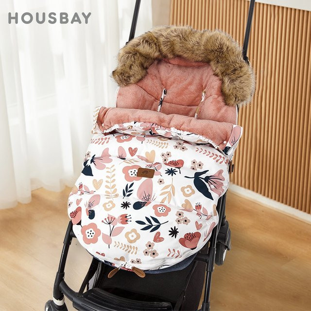 HOUSBAY Baby-Fußsack für den Kinderwagen mit Pelzkragen und Blumendruck, winddicht und warm für Mädchen, 0–24 Monate, Multicolour - Bild 1