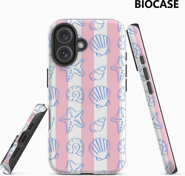 Handyhülle für Apple iPhone mit rosa und weißen Streifen und Meeresmotiv, doppelschichtige Rückseite - Bild 1