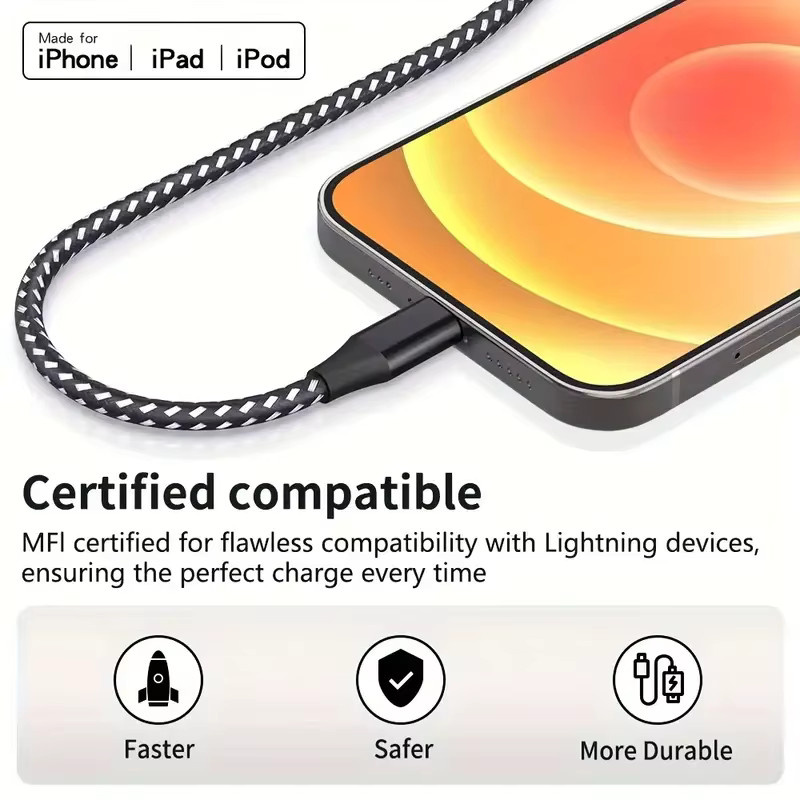 LAIHONEN USB-A auf Lightning Ladekabel MFi-zertifiziert, geflochtenes Nylon, Schwarz - Bild 2
