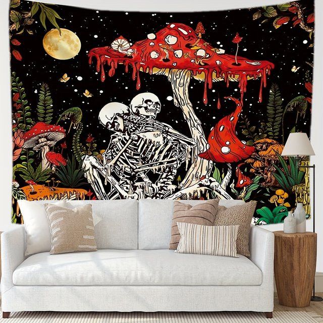 VIKAMA Wandteppich mit romantischem Schädel-Paar in Multicolor als Wanddekoration für Wohnzimmer und Schlafzimmer - Bild 1