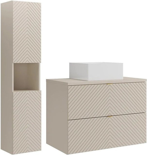 Dorioni Badmöbel-Set in Beige mit Fischgrätmuster bestehend aus Waschbeckenunterschrank, Aufsatzwaschbecken und Hochschrank Breite: 80 cm - Bild 1