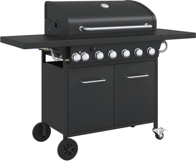 vidaXL Gasgrill Schwarz aus pulverbeschichtetem Stahl mit 7 Flammen, Piezozündung und Thermometer - Bild 1
