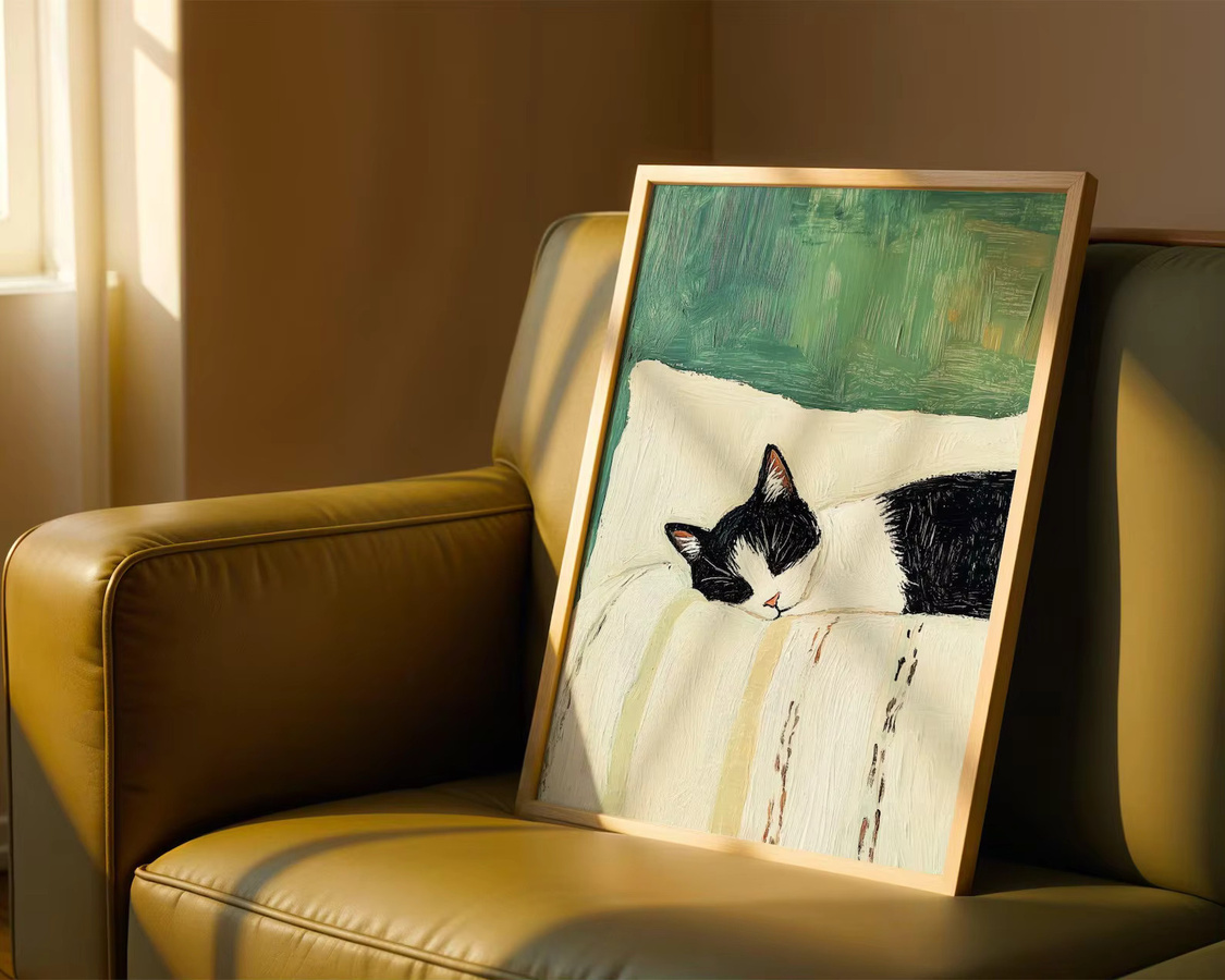 Schlafende Smokingkatze Wandkunstdruck von SHENCHEN, Schwarz-Weiß-Katzen-Poster aus Papier als moderne Dekoration - Bild 3