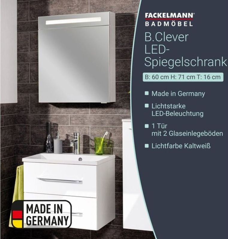 Fackelmann Spiegelschrank B.Clever Weiß Matt mit LED-Beleuchtung und Softclose-Türen B/H/T: 60 x 71 x 15,8 cm - Bild 5