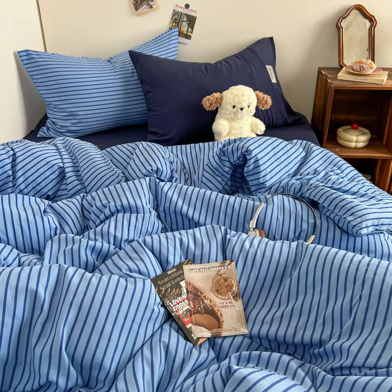 Bonenjoy Gestreiftes Bettwäsche-Set in Mehrfarbig und Blau, Modernes Single Bettwäsche-Set - Bild 3