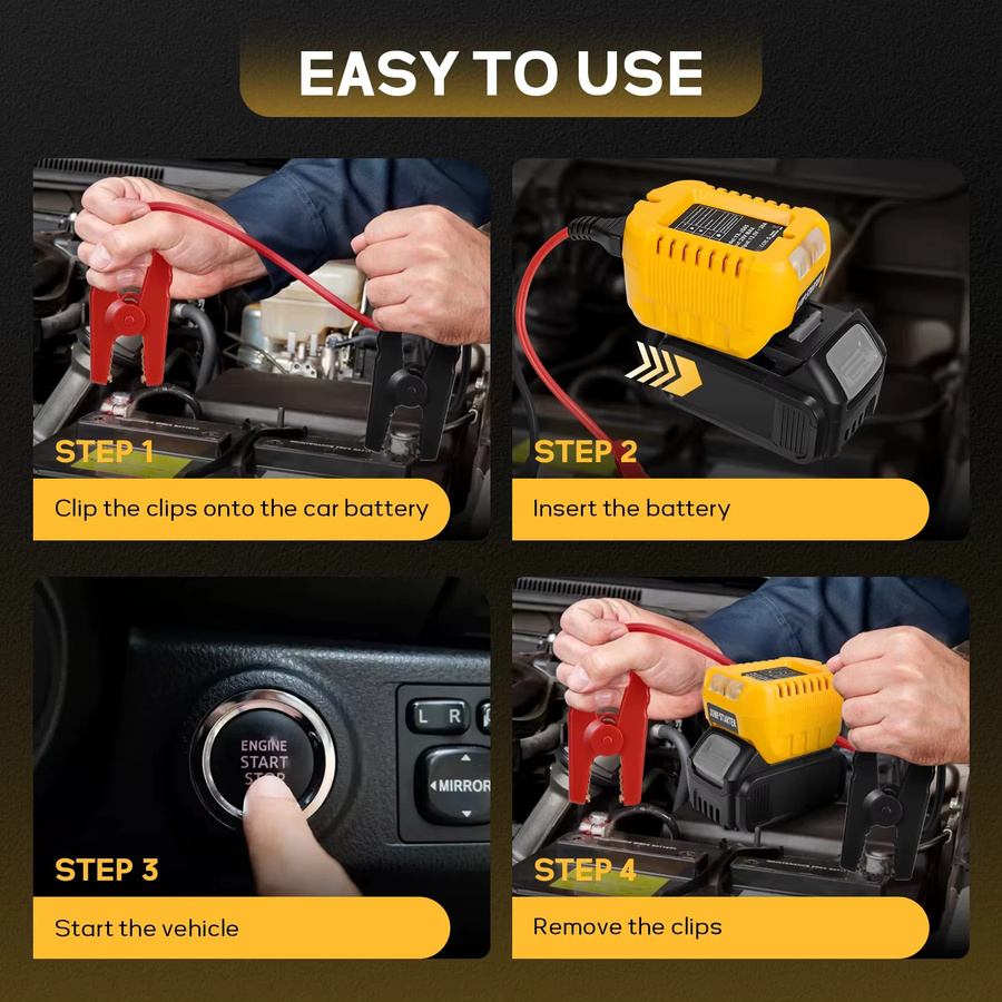DeWalt Auto Starthilfe Adapter für 18V Lithium-Batterien in Gelb mit Clip für Notstrom und Booster-Funktion - Bild 5