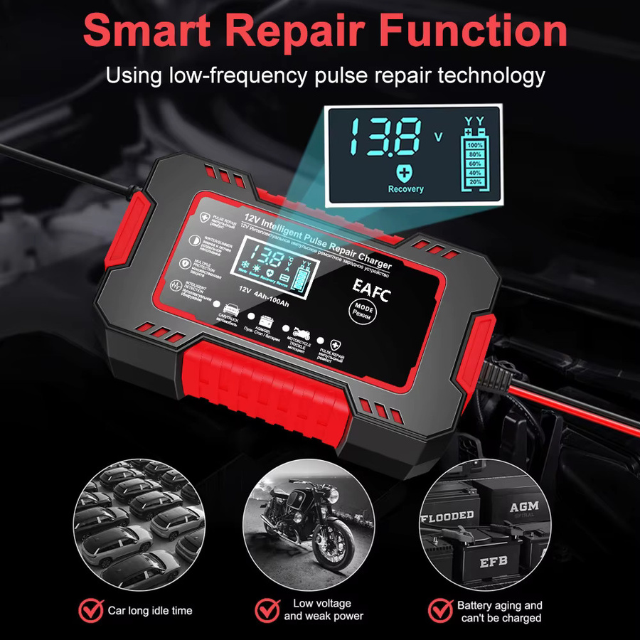 EAFC Smart Pulse Batterieladegerät 12V 6A mit LCD-Display für AGM, GEL und Blei-Säure-Tiefzyklus-Batterien in Rot-Schwarz - Bild 3