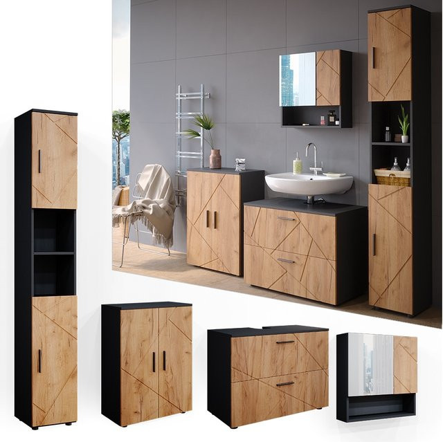 Vicco Badmöbelset Irma in Anthrazit und Eiche bestehend aus Spiegelschrank, Badschrank und Hochschrank - Bild 1