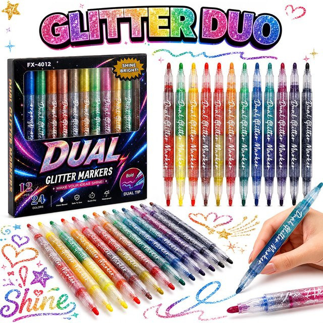 12 Stück Doppelspitzen-Glittermarker mit 24 Farben, wasserbasierte Schimmer-Stifte mit 2mm harter Spitze für Kunsthandwerk und Zeichnungen auf hellem und dunklem Papier - Bild 1