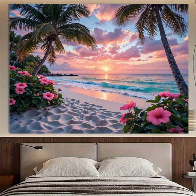 VIKAMA Wandtapisserie im tropischen Strandstil mit Sonnenuntergang und Insel-Motiv, Mehrfarbig, Textil - Bild 1