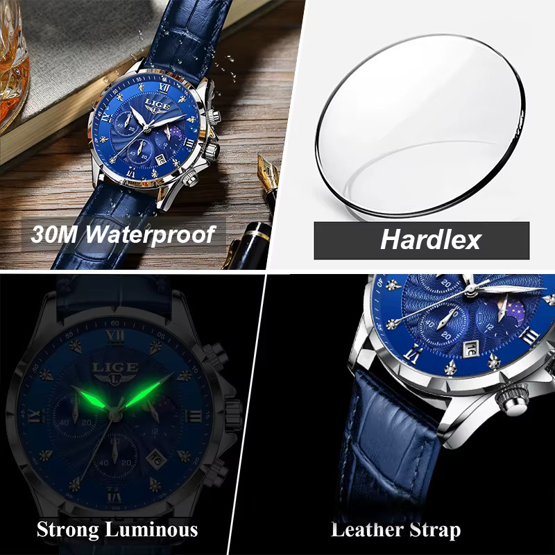 LIGE Armbanduhr, Quarz, Leder, Blau, Herren - Bild 3